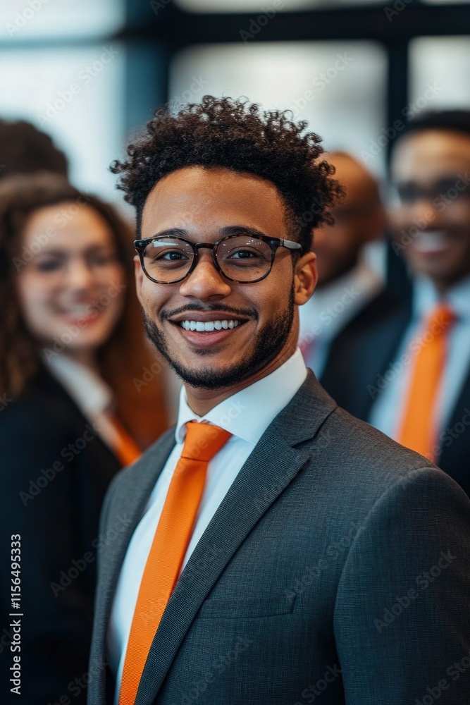 A group of diverse business people smiling and looking at the camera, wearing suits with orange ties in an office environment A group of diverse business people smiling and looking at the camera, wearing suits with orange ties in an office environment