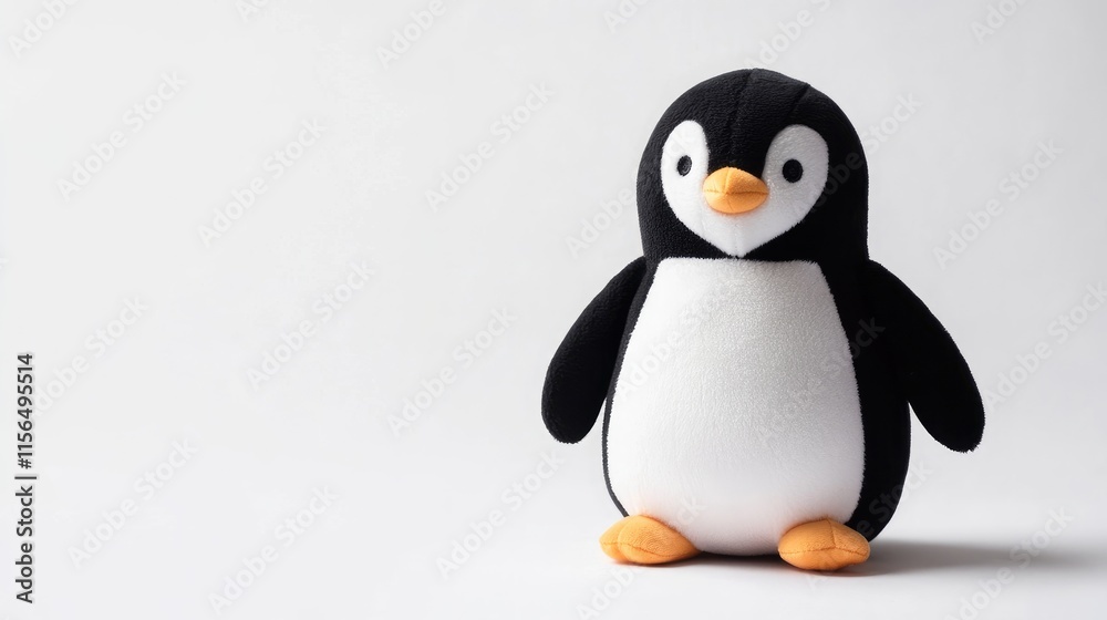 Obraz premium Cuddly penguin plush toy on white background with soft texture and ample space for text or design elements in advertising or marketing materials