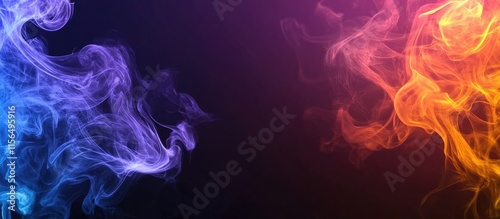 Abstract smoke waves in blue and orange hues on a dark background with empty space for text creating a colorful atmospheric design.