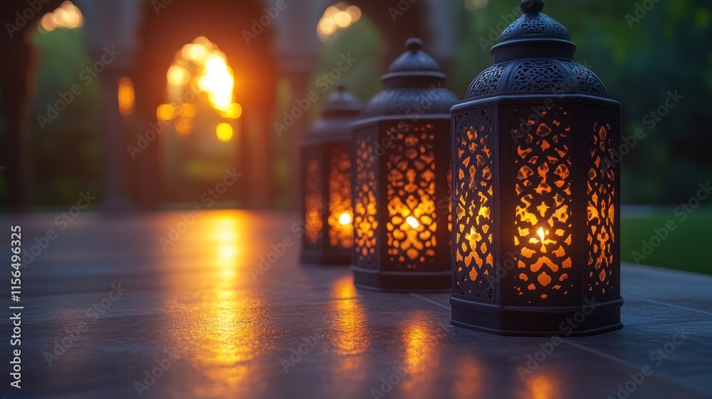 Decorative lanterns casting warm light in a serene outdoor setting. Decorative lanterns casting warm light in a serene outdoor setting.