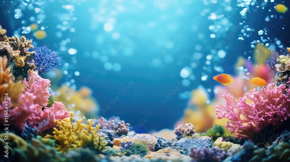 Obraz premium Vibrant underwater scene featuring a colorful sea turtle swimming through a coral reef with a serene blurred background for text placement