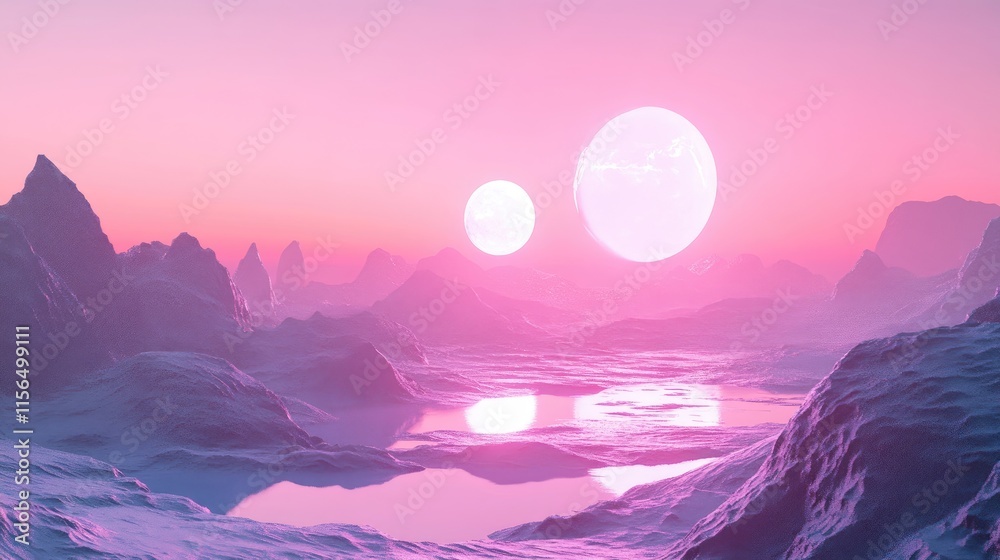 Futuristic Cyberpunk Landscape with Dual Suns and Serene Waters Ideal for Text Overlay in Artistic Promotions Futuristic Cyberpunk Landscape with Dual Suns and Serene Waters Ideal for Text Overlay in Artistic Promotions