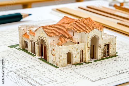 Spanish traditional house model on drafting table