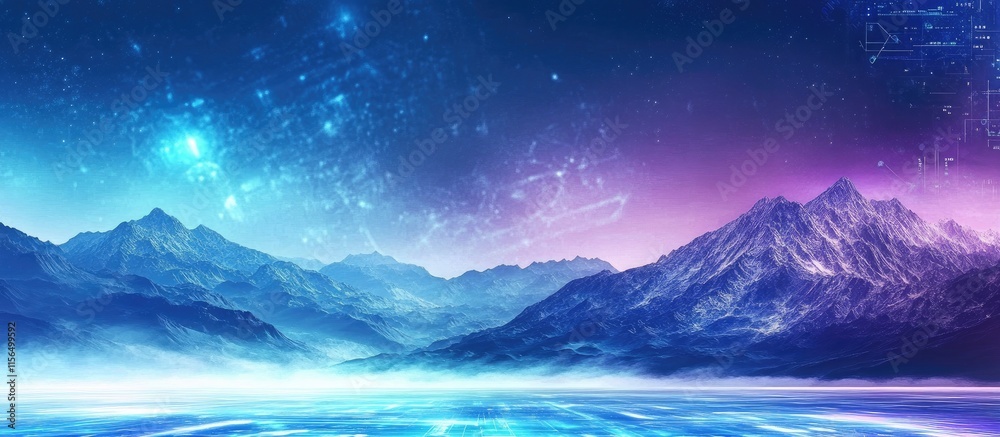 Obraz premium Futuristic digital landscape featuring mountains and cosmic elements with ample space for text and graphic overlays
