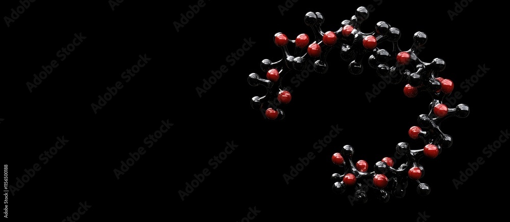 3D representation of a protein molecule on a black background with ample space for text and design elements for educational use 3D representation of a protein molecule on a black background with ample space for text and design elements for educational use