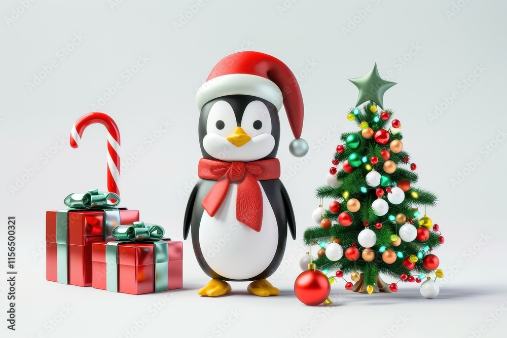 Penguins gift boxes and Christmas trees on a white background Penguins gift boxes and Christmas trees on a white background