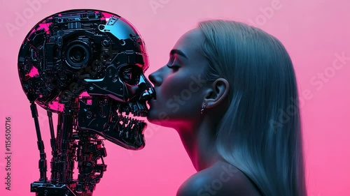 Intimate moment between human and robot against a vibrant pink backdrop showcasing futuristic connections
