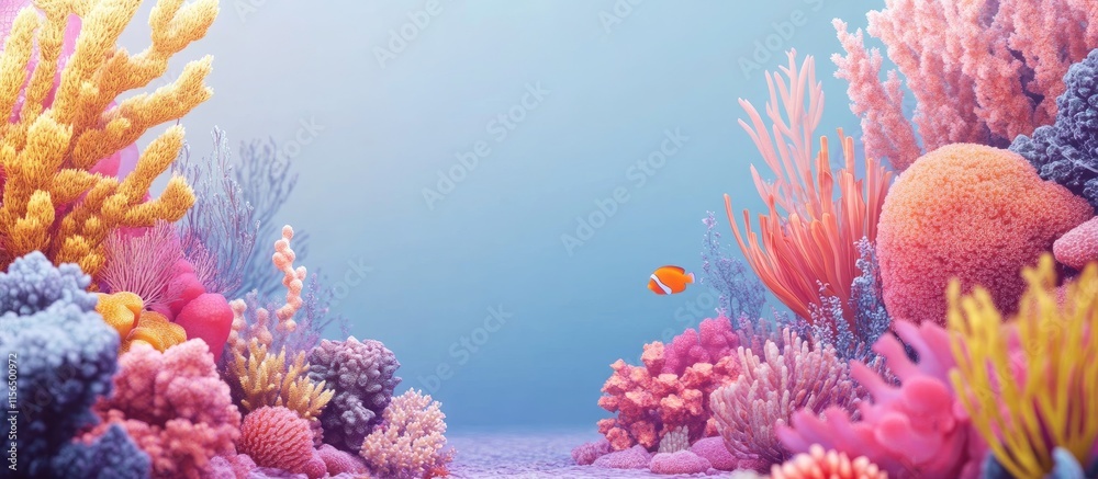 Obraz premium Vibrant underwater coral garden with soft corals and sponges creating a serene ocean landscape ideal for text placement.