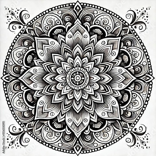 Intricate Black and White Floral Mandala Design | Symmetrical Mehndi-Inspired Art | Detailed Geometric Patterns for Coloring Books and Tattoos