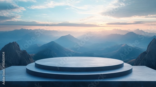 Abstract podium hovering over a panoramic view of mountain ranges 