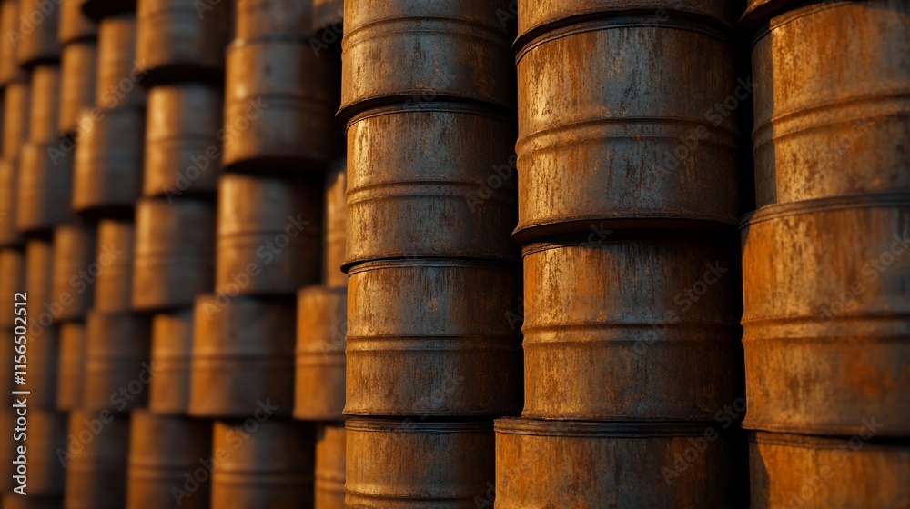 Stacked rusty barrels in a warehouse setting. Stacked rusty barrels in a warehouse setting.