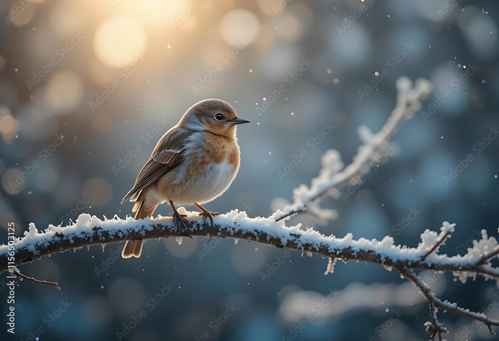 A small bird perches on a snow covered branch in winter sunlight A small bird perches on a snow covered branch in winter sunlight