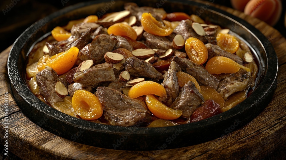 A sizzling dish of beef with apricots and almonds on a wooden platter. A sizzling dish of beef with apricots and almonds on a wooden platter.