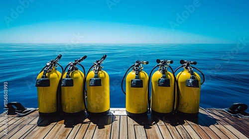 Yellow scuba tanks on a boat deck overlooking the ocean photo