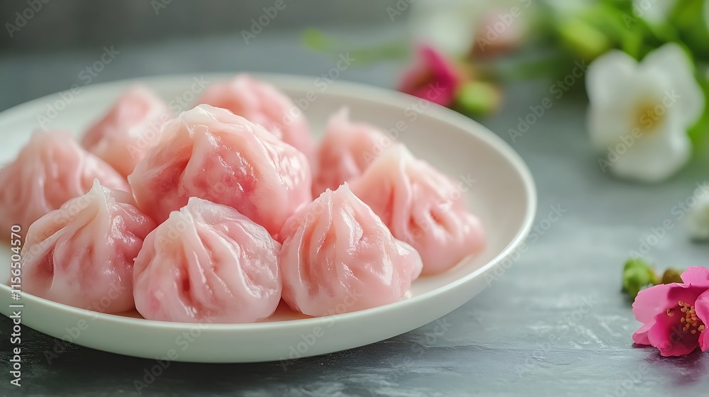 Close-up Photo: Delicate Pink Dumplings Beautifully Arranged on a Plate. AI Generated Close-up Photo: Delicate Pink Dumplings Beautifully Arranged on a Plate. AI Generated