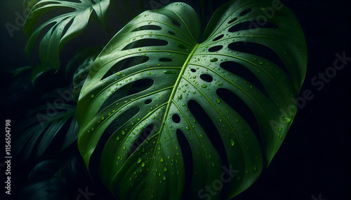 Nature's elegance a monstera leaf adorned with dew leaf background