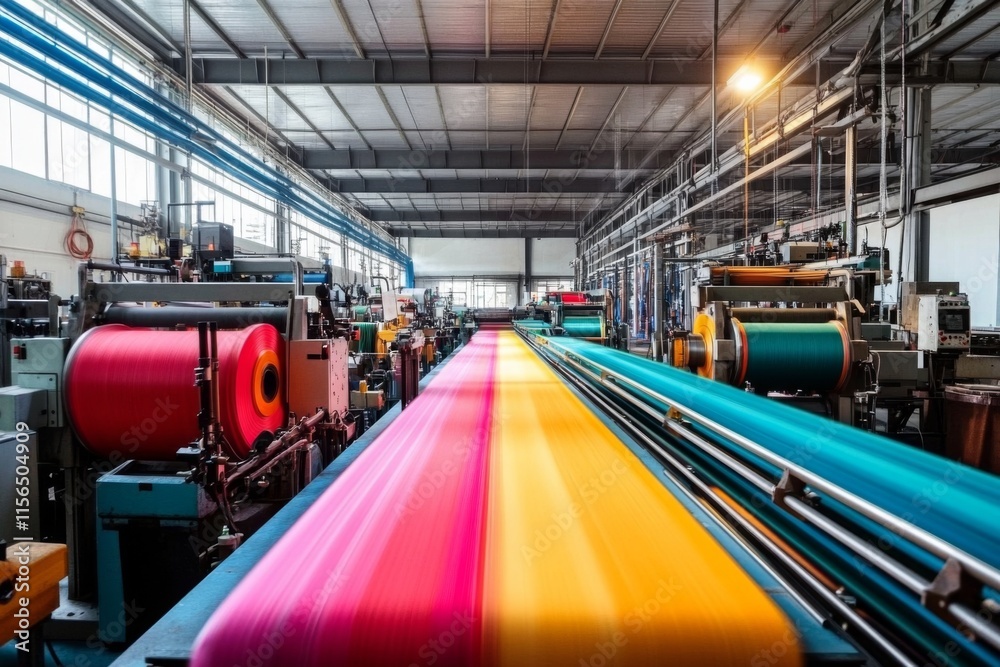 Obraz premium Modern Textile Factory: Colorful Fabrics on Conveyor Belt, factory with workers operating