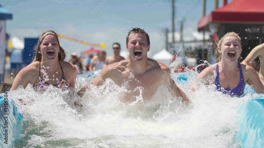 Three Friends Enjoying A Thrilling Water Slide Ride Three Friends Enjoying A Thrilling Water Slide Ride