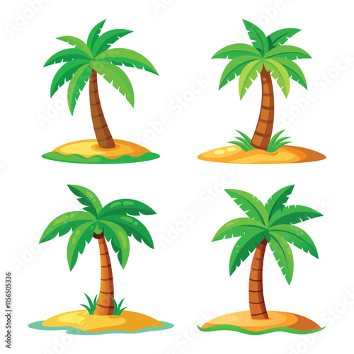 Four Cartoon Palm Trees on Islands