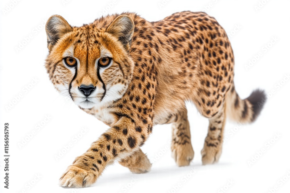 A cheetah walks gracefully, showcasing its sleek body and distinctive spots against a clean white background. A cheetah walks gracefully, showcasing its sleek body and distinctive spots against a clean white background.