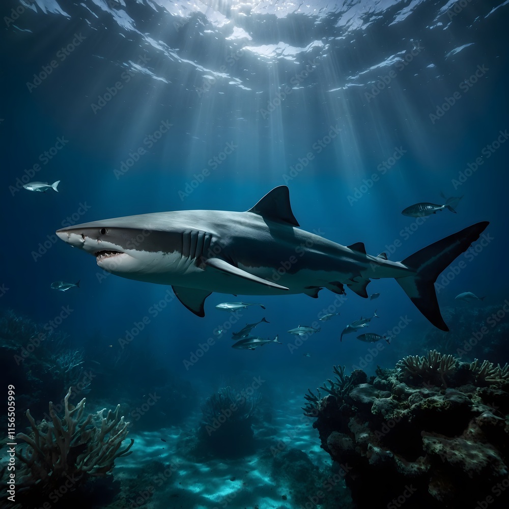 Fototapeta premium Shadows of the Deep: Dumd Gulpur Shark Gliding Through Bioluminescent Waters