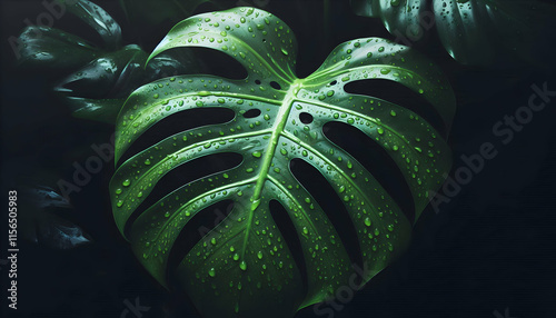 Nature's elegance a monstera leaf adorned with dew