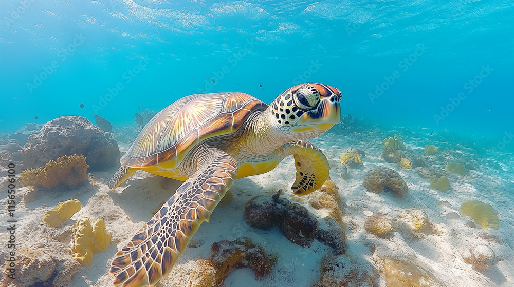 Obraz premium Green Sea Turtle Swimming in Crystal Clear Tropical Waters Over Coral Reef Ecosystem