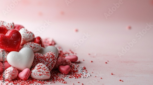 A colorful assortment of heart-shaped candies in shades of red, pink, and white, sprinkled with festive toppings against a soft pink background.