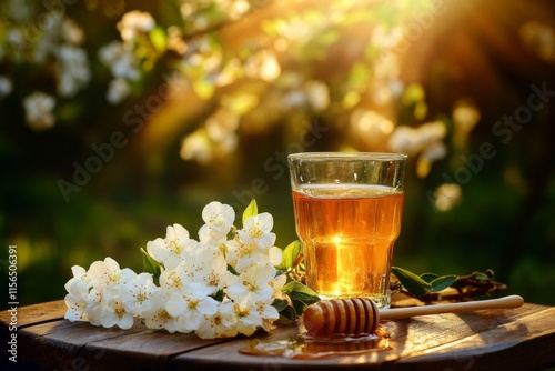 Honey Glass with Flowers, Dipper, and Sunlit Garden A beautifully presented