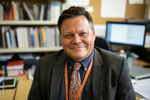 Middle-aged man in office wearing suit and tie, A seasoned school administrator,
