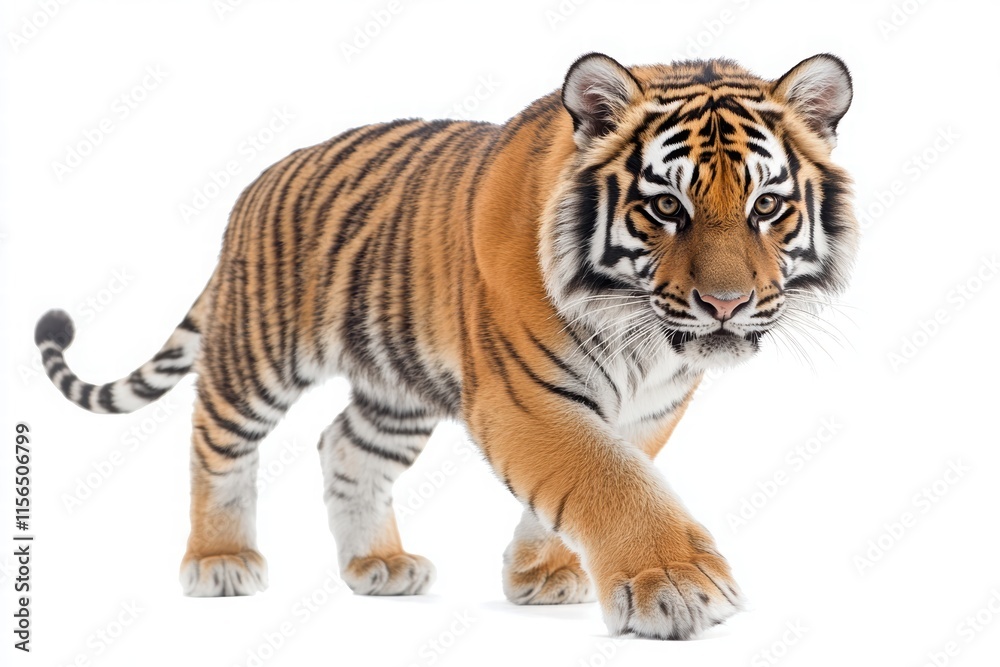 Naklejka premium A majestic tiger walks gracefully, showcasing its striking orange coat and bold black stripes against a white background.