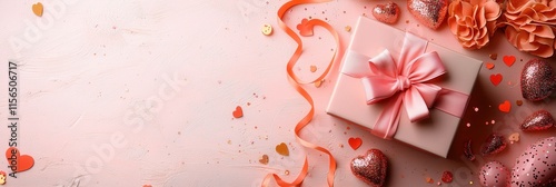 A beautifully wrapped gift with a pink bow, surrounded by heart-shaped decorations and delicate flowers on a soft, pastel background.