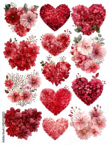 A vibrant collage of red and pink floral hearts, showcasing various blossoms arranged in heart shapes, perfect for romantic themes and celebrations.