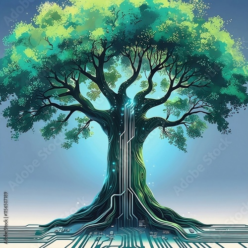 A digital illustration of a tree growing from a circuit board, symbolizing the harmony of nature and technology, sustainable innovation, and modern progress.