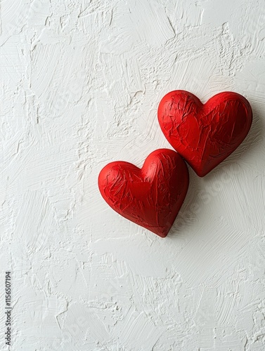 Two vibrant red heart shapes on a textured background, symbolizing love and affection, perfect for romantic themes.