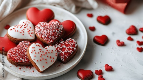 A plate of heart-shaped cookies decorated with red and white icing, sprinkled with colorful toppings, perfect for Valentine's Day celebrations.