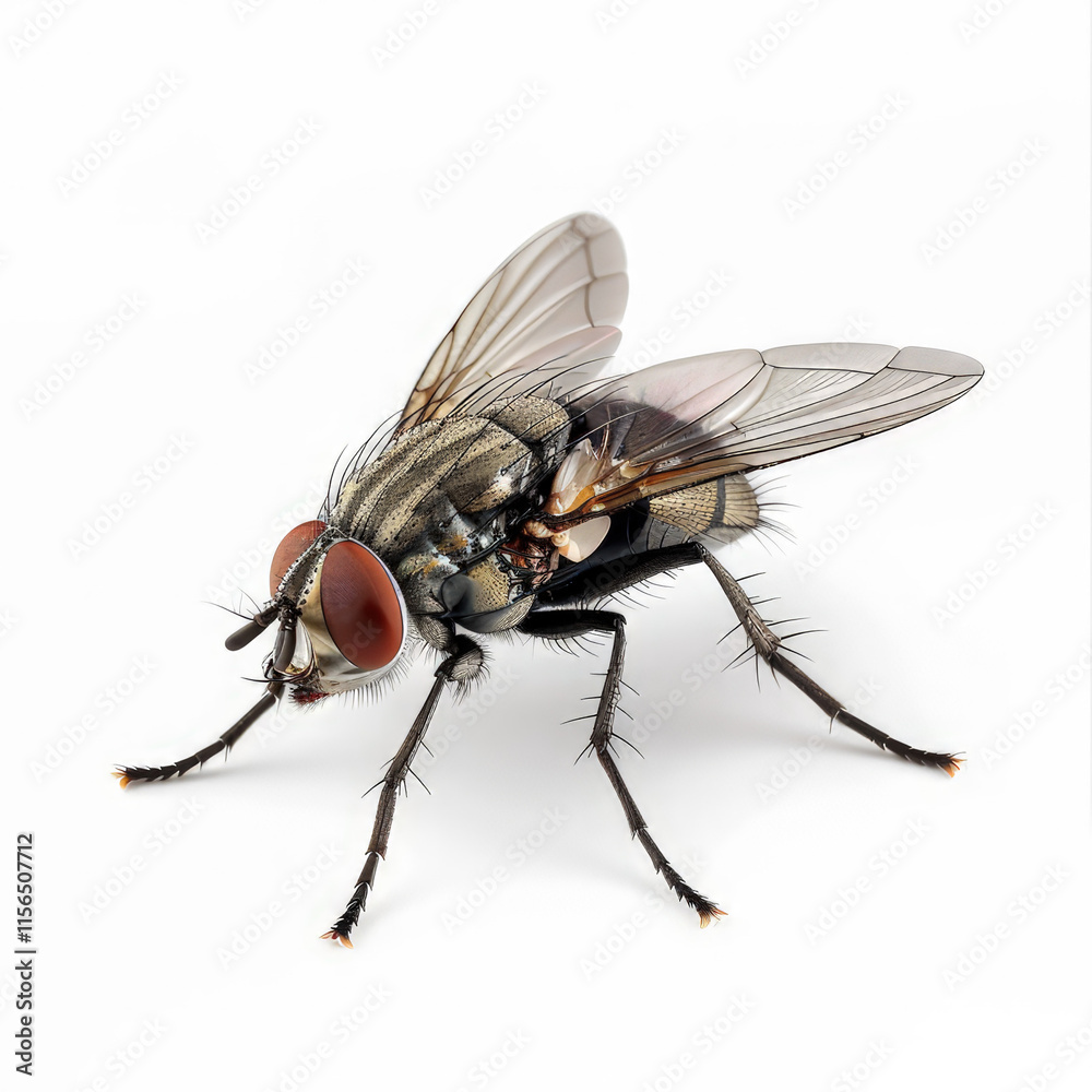 A detailed close-up of a fly showcasing its anatomy and features. isolated on white background A detailed close-up of a fly showcasing its anatomy and features. isolated on white background
