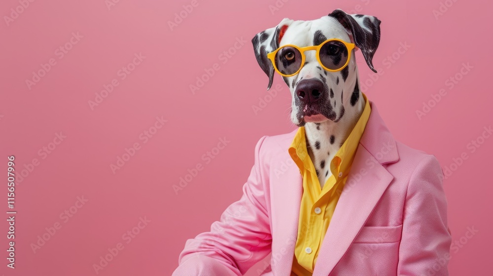 A stylish Dalmatian dog wearing sunglasses and a pink suit against a pink background. A stylish Dalmatian dog wearing sunglasses and a pink suit against a pink background.