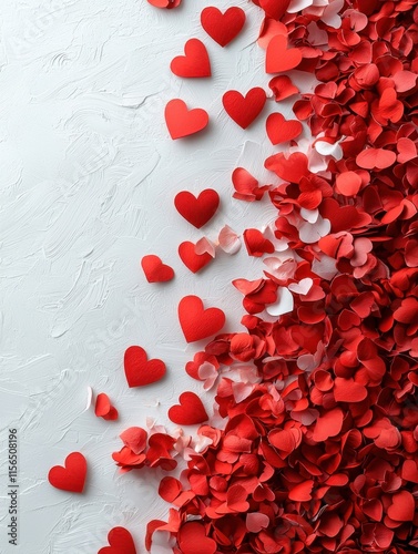 A vibrant arrangement of red and pink heart-shaped confetti scattered over a textured light background, perfect for romantic occasions.
