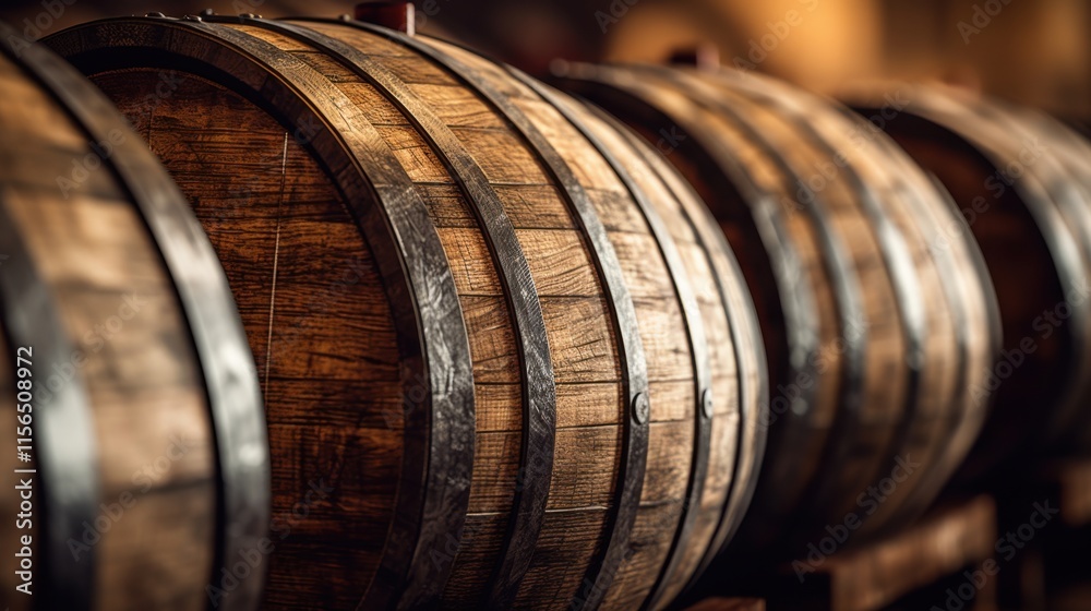 A close-up view of stacked wooden barrels, their rich brown tones and metal hoops creating a warm and classic backdrop, ideal for wine and beer themes A close-up view of stacked wooden barrels, their rich brown tones and metal hoops creating a warm and classic backdrop, ideal for wine and beer themes