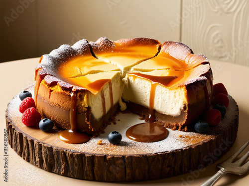 Burnt Face Cheesecake Topped with oozing caramel. Decorate with fresh berries to add color. photo