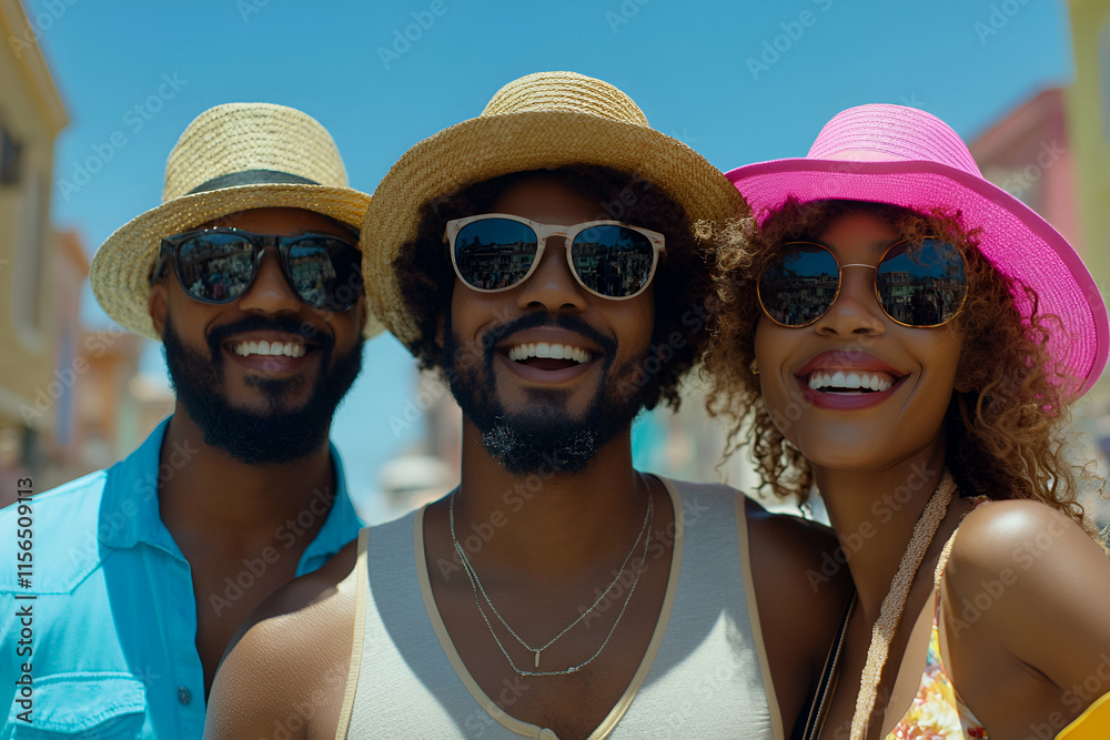 Happy Friends Smiling in Summer Hats and Sunglasses, Enjoying a Bright Sunny Day Outdoors Happy Friends Smiling in Summer Hats and Sunglasses, Enjoying a Bright Sunny Day Outdoors
