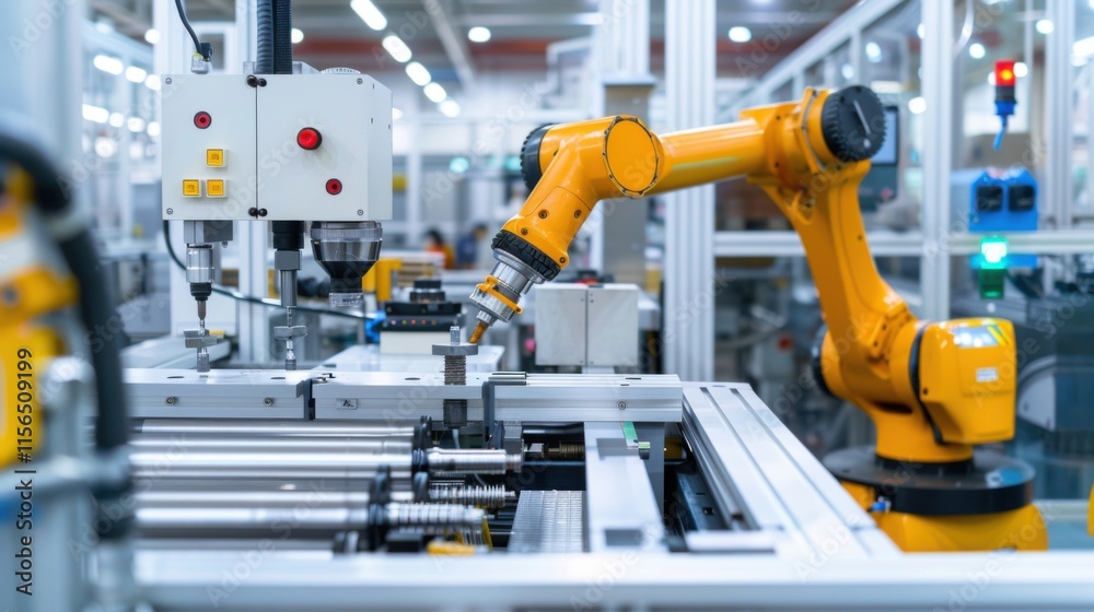 A CNC machine in action, precisely clamping and screw driving components, showcasing advanced automation and precision in a clean industrial environment A CNC machine in action, precisely clamping and screw driving components, showcasing advanced automation and precision in a clean industrial environment