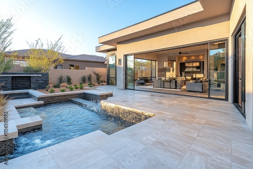 Modern home in the Nevada desert with large windows, water feature, light grey stone pavers, and black steel details in Las Vegas.