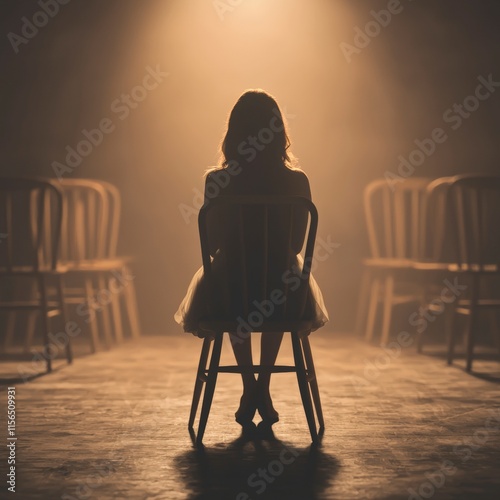 Solitary Figure  Silhouetted Woman Sitting Chair  Dimly Lit Room  Dramatic Lighting  Cinem photo