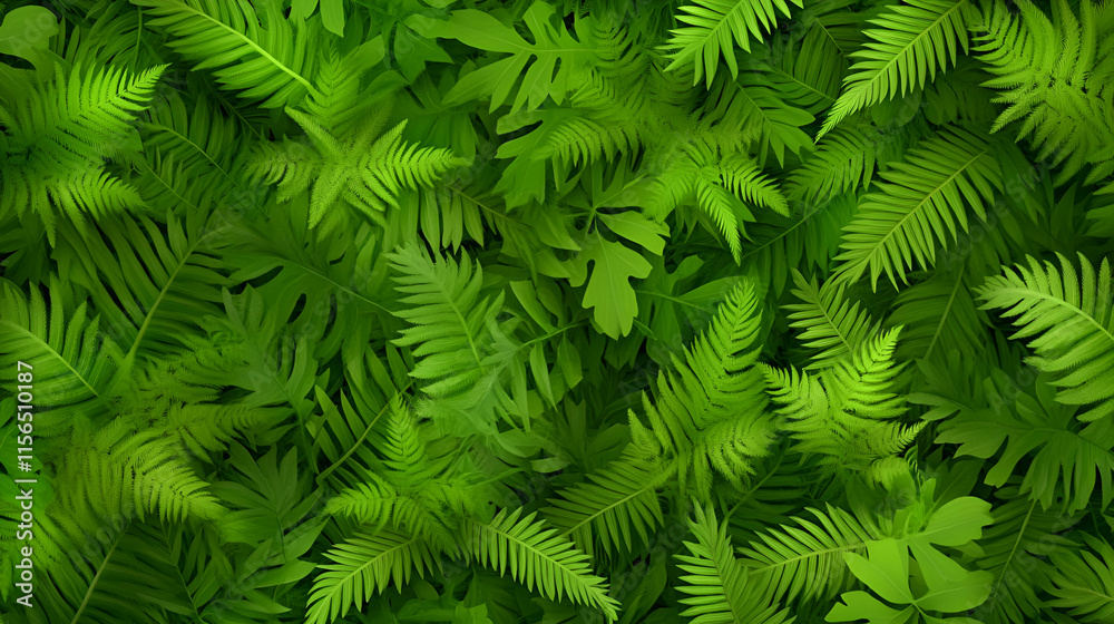 Lush Green Tropical Foliage, A Vibrant Display of Ferns and Leaves in a Dense Jungle Setting Lush Green Tropical Foliage, A Vibrant Display of Ferns and Leaves in a Dense Jungle Setting
