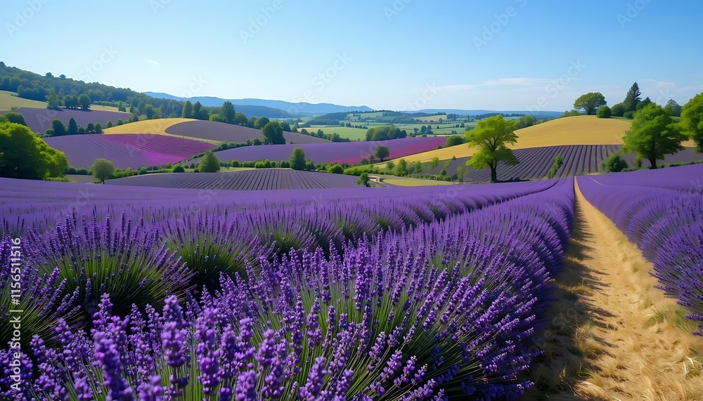 Naklejka premium Lavender Fields Rolling Hills Scenic Landscape
