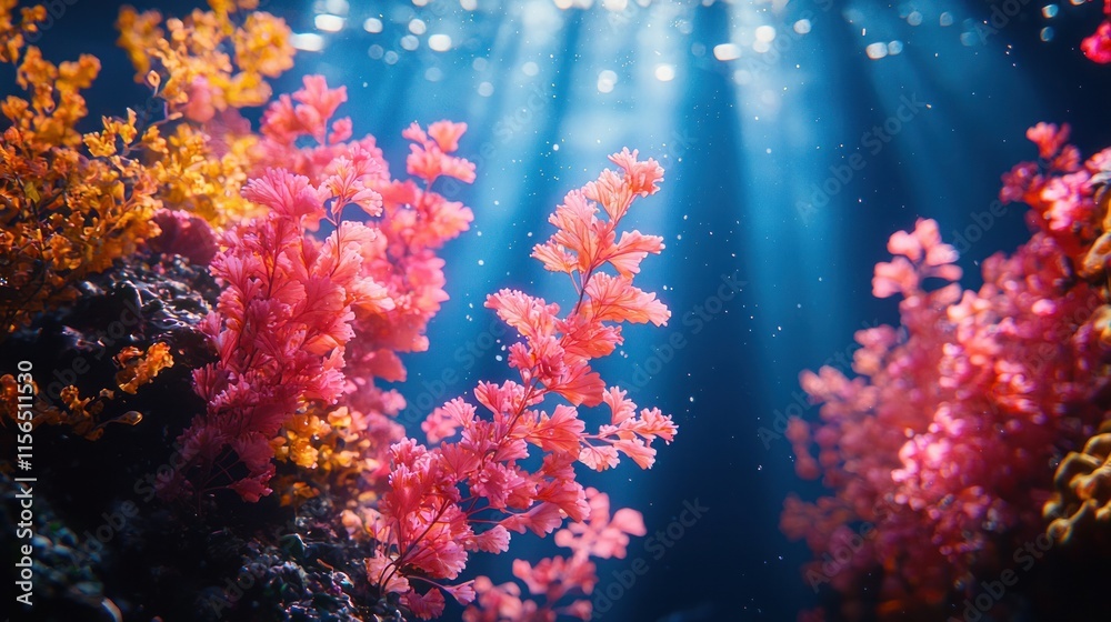 Fototapeta premium Sunbeams illuminate a colorful underwater coral reef scene.