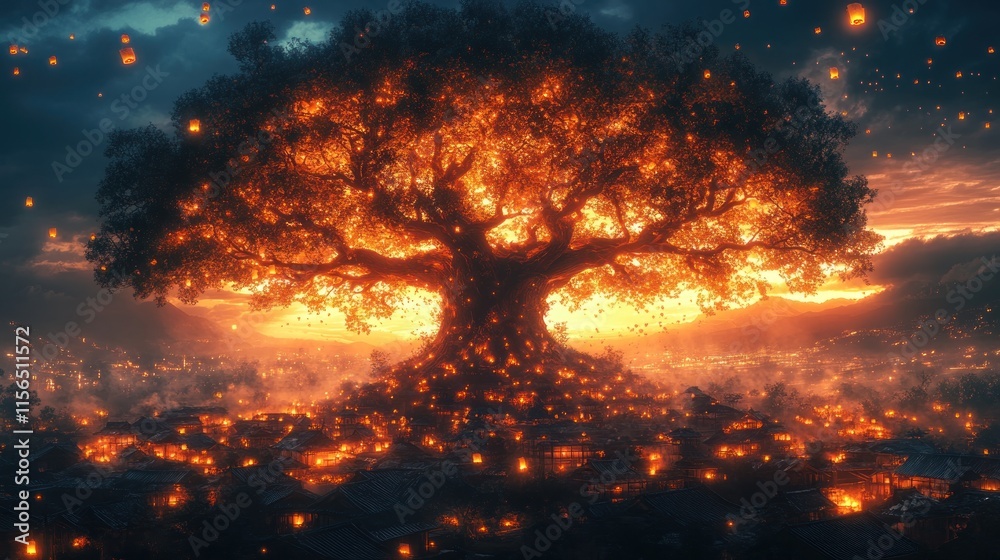 A majestic tree illuminated by lanterns at sunset, casting a warm glow over a village. A majestic tree illuminated by lanterns at sunset, casting a warm glow over a village.