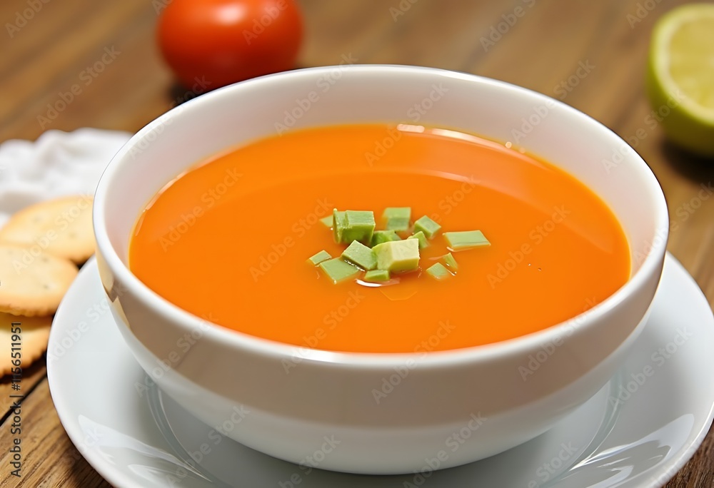 Close-up of tomato puree soup with a sprig of green parsley side view . home-made gluten-free food
